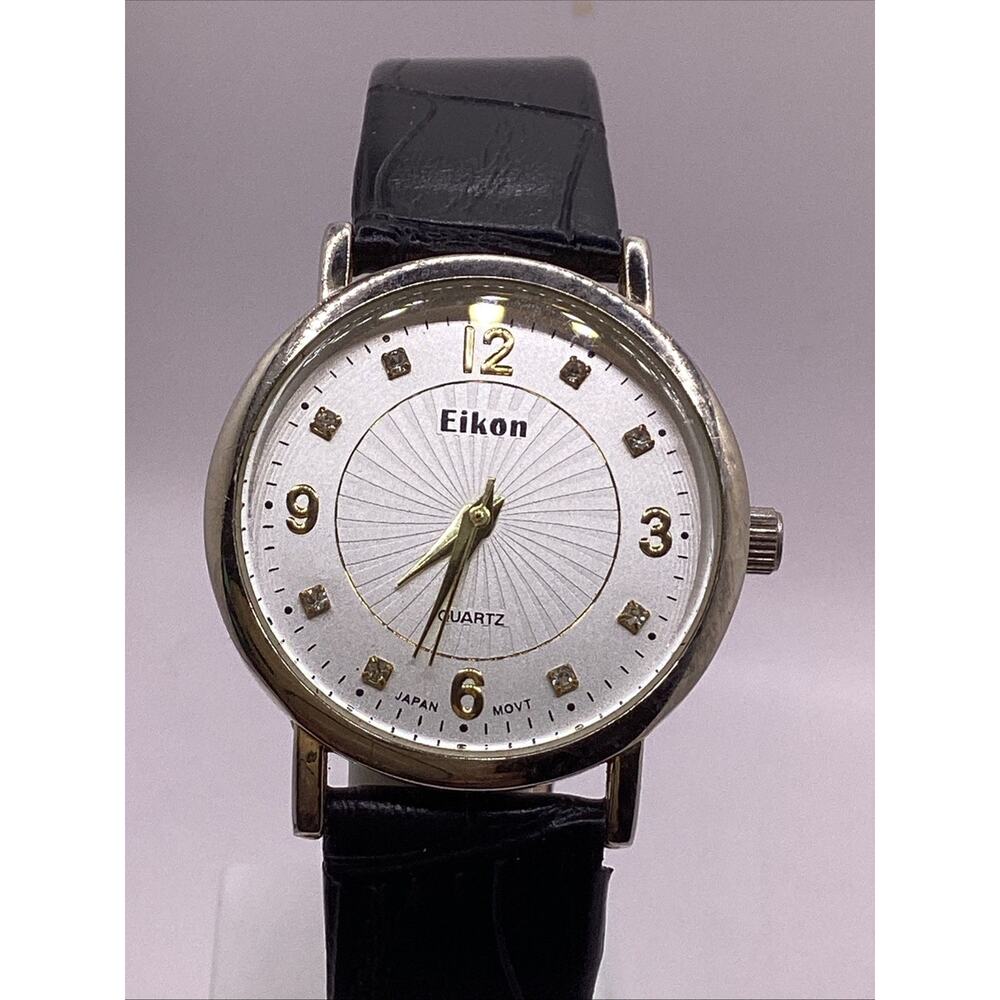 Eikon Womens Silver Gold Tone Black Leather Quartz Watch New Battery